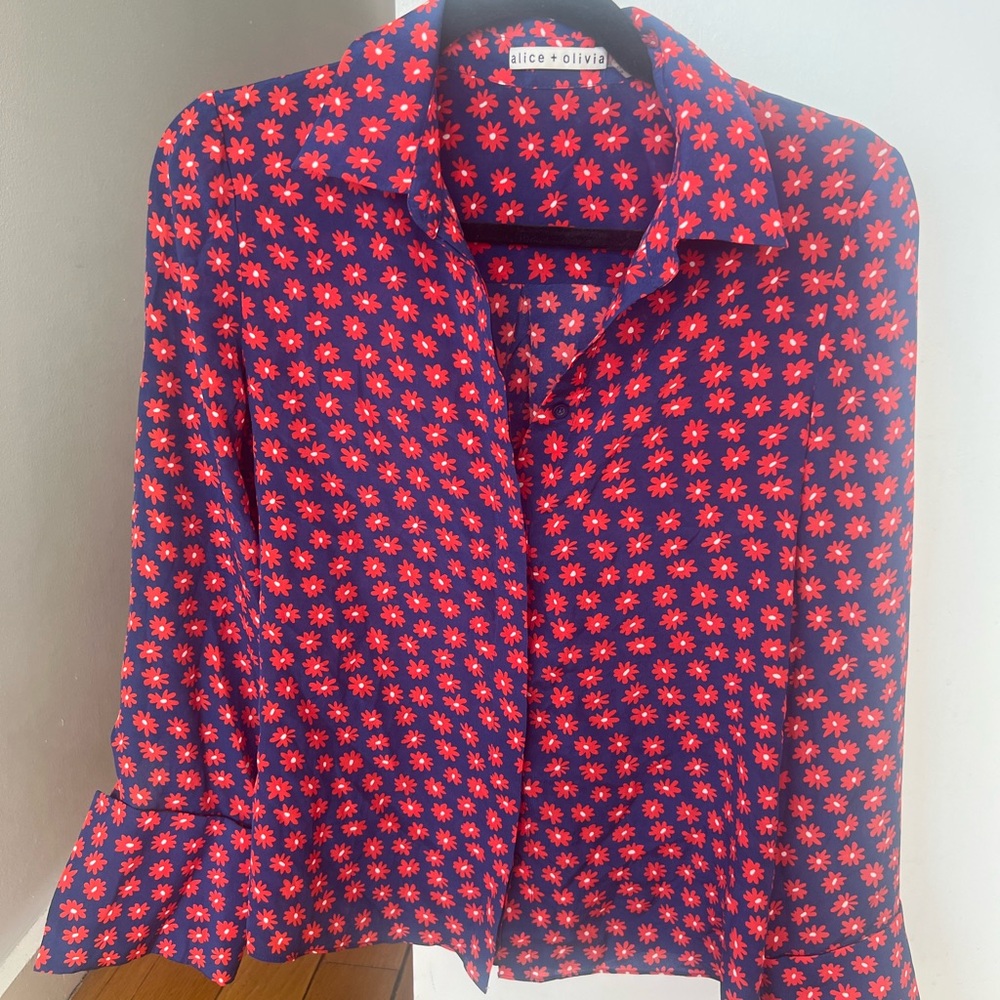 Alice + Olivia Navy and Red Floral Button Down Shirt Silk size Small